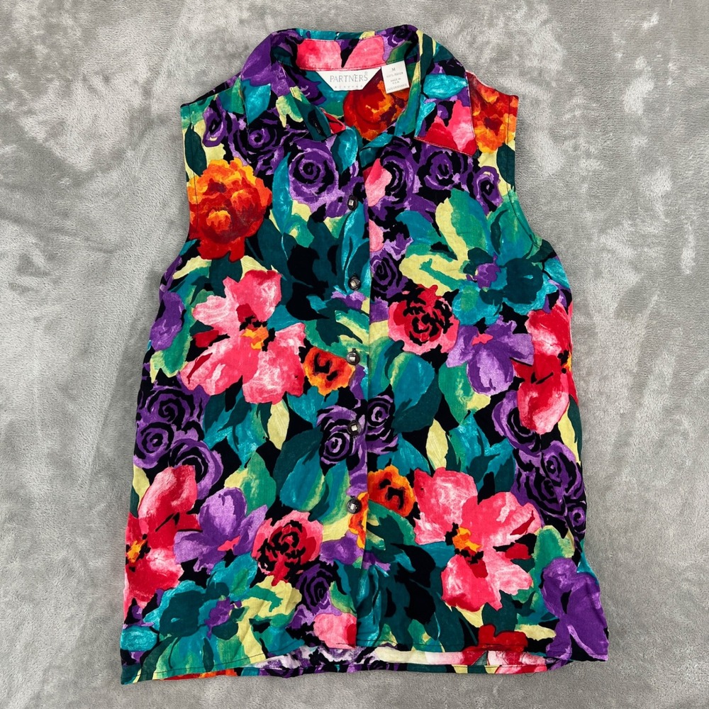 Partners Mervyns Vintage Sleeveless Floral Button Down Rayon Blouse Purple Multi